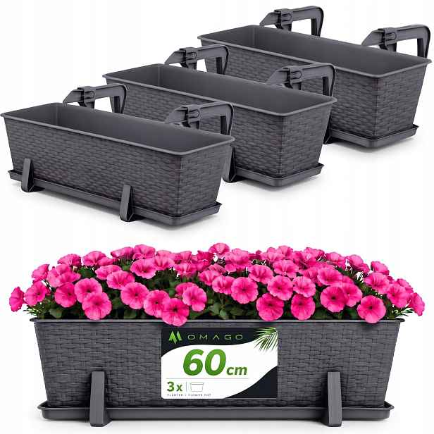 3 x Balkonový Truhlík Květináč 60 cm S Úchytkami Set Grafit