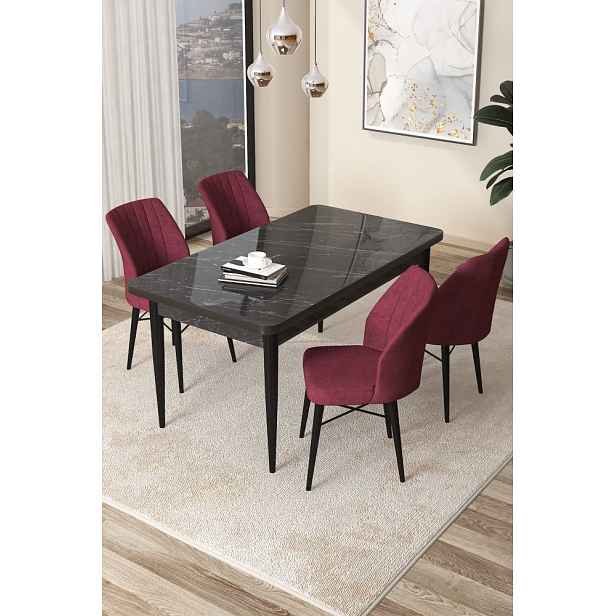 Dining Table & Chairs Set (5 Pieces) Arp - Black Marble, Burgundy