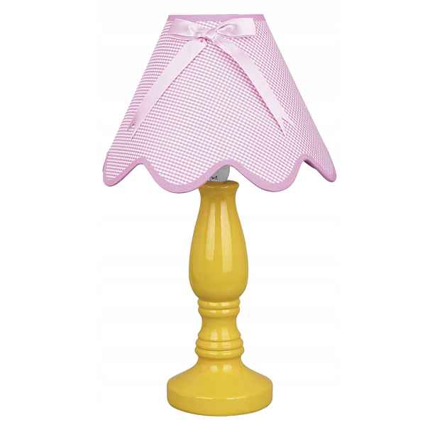 noční stolní lampa klasická žlutá s růžovým kostkovaným stínítkem Candellux