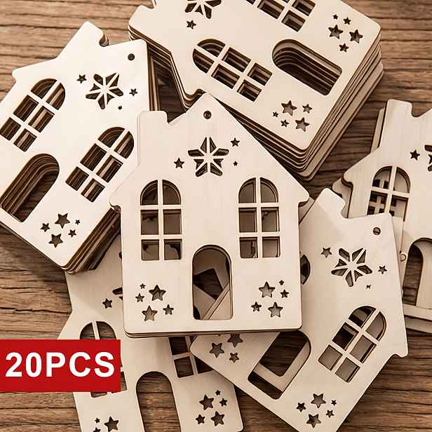 TEMU 20 ks dřevěných svátečních přívěsků ve tvaru domečku s výřezem, závěsné dekorace na zimní Vánoce, vhodné pro , léto, podzim a zimu. Design