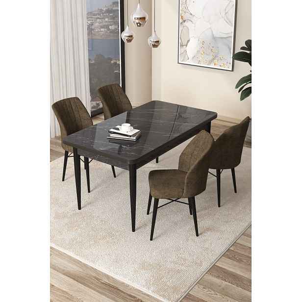 Dining Table & Chairs Set (5 Pieces) Arp - Black Marble, Brown