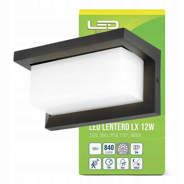 Led zahradní nástěnné svítidlo s pohybovým senzorem 12W 4000K, krytí IP54