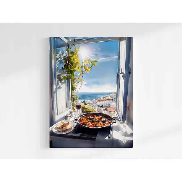 Plakát Okno Kuchyně Moře Paella Víno Španělsko 75x100