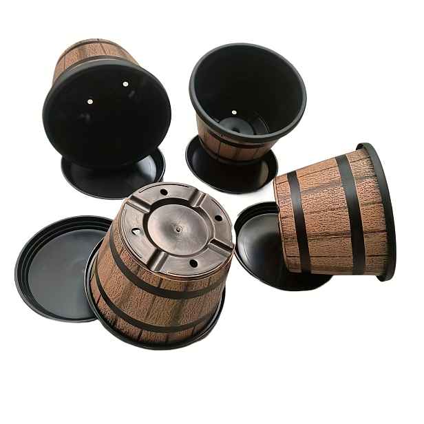 TEMU Sada 4 ks: 4 květináče + 4 podšálky, 10palcová sada květináčů ve stylu whiskey sudu s podnosy, vhodná pro vnitřní i venkovní použití, plastový