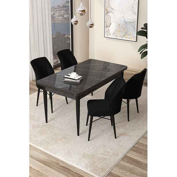 Dining Table & Chairs Set (5 Pieces) Arp - Black Marble, Black