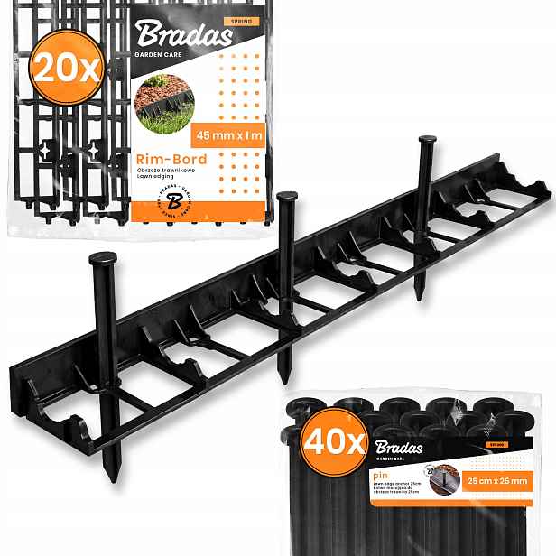 Trávníkový Lem 20 m 45 mm Zahradní Trávy 40 x Upevňovací Kotvy 25 cm Us-p