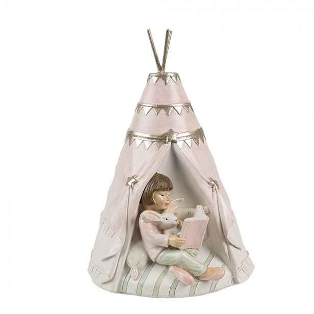 Dekorace kasička děvčátko s králíčkem ve stanu - 13*13*19 cm Clayre & Eef