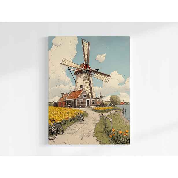 Plakát Krajina Nizozemsko Vesnice Ventilátor Kolo Tulipány 75x100