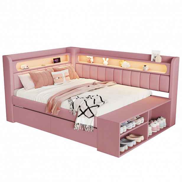 Redom POSTEL 90/200 cm s LED osvětlením, USB, botníkem a 2 zásuvkami, lněné čalounění, růžová