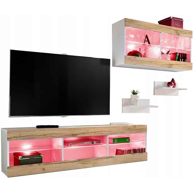Sada Rtv nábytku Tivoli SET3 Bílá/Dub Wotan, Rgb Led