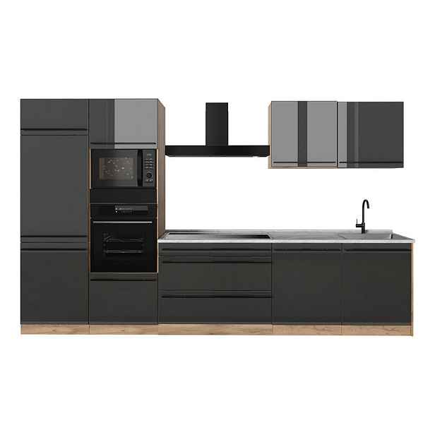 Vicco KUCHYŇSKÝ KOUT R-Line, Antracitový vysoký lesk/Zlatý mocný dub, 340 cm pracovná doska Mramor