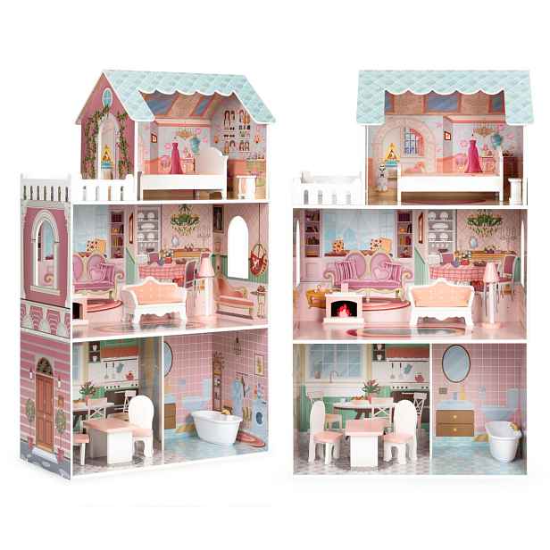 Domeček pro panenky ECOTOYS: BARBIE s nábytkem růžový