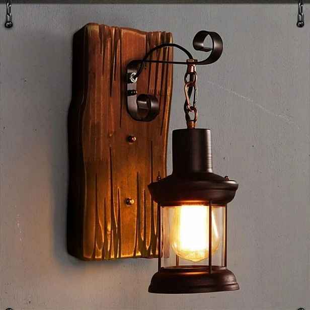 E27 Vintage industriální dřevěná nástěnná lampa.