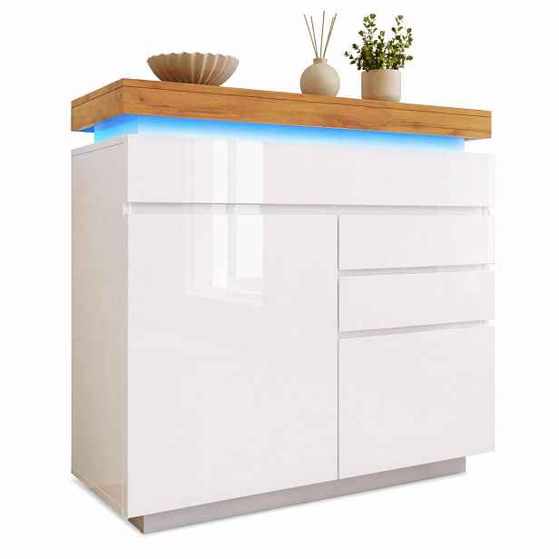 STILVORA KUCHYŇSKÁ SKŘÍŇ bílá lesklá, zásuvky, LED osvětlení, do obývacího pokoje a ložnice, 110×39×115 cm