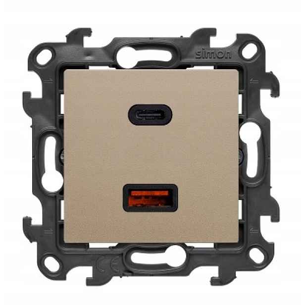 Simon 24 Dvojitá Usb nabíječka Typ C+a Modul IP20 30W Šampaňský Mat