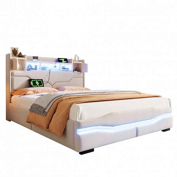 FLIEKS ČALOUNĚNÁ POSTEL 140x200 Béžová LED USB-C Čelo