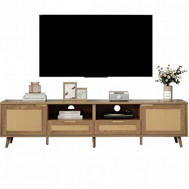 OKWISH TV stolek 200/37/49 cm dub z dřevotřísky s ratanovým designem a nastavitelnými nohami