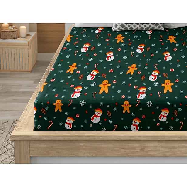 Prostěradlo z mikrovlákna SNĚHULÁK A PERNÍČEK zelené 90x200 cm