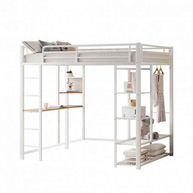 STILVORA PATROVÁ POSTEL 90/200 cm, bílá, kovová, s psacím stolem, policí a šatní tyčí, moderní design