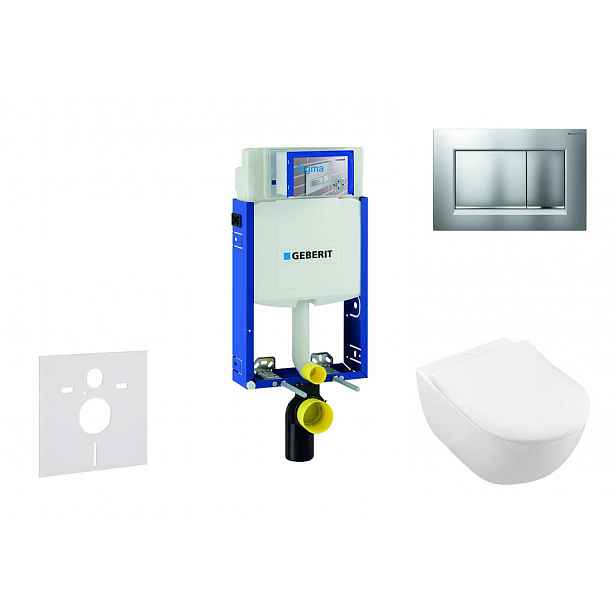 Geberit Kombifix - Modul pro závěsné WC s tlačítkem Sigma20, matný chrom/chrom + Villeroy Boch - WC a sedátko, DirectFlush, SoftClose, CeramicPlus 110