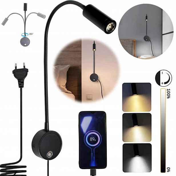 Led Nástěnné Svítidlo Lampička Na Čtení S Vypínačem Černá Flexibilní 3 Barvy Světla
