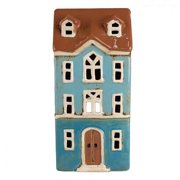 Modrý keramický svícen na čajovou svíčku domek Amster Village - 11*9*22 cm Clayre & Eef