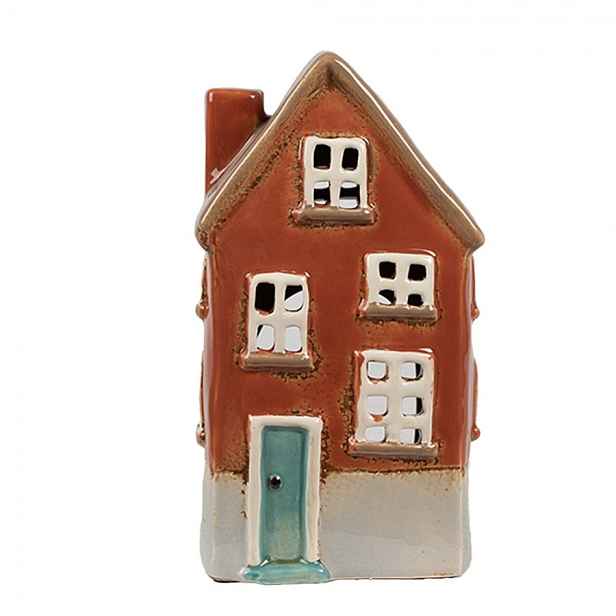 Hnědý keramický svícen na čajovou svíčku domek Amster Village - 10*8*18 cm Clayre & Eef