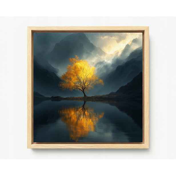 Obraz Rám Americký Box Zlaté Horské Dřevo Jezero Mlha Odraz 60x60