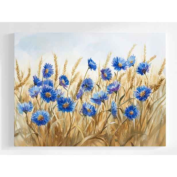 Plakát Akvarel Vesnice Pole Obilí Květy Chrpy 100x75