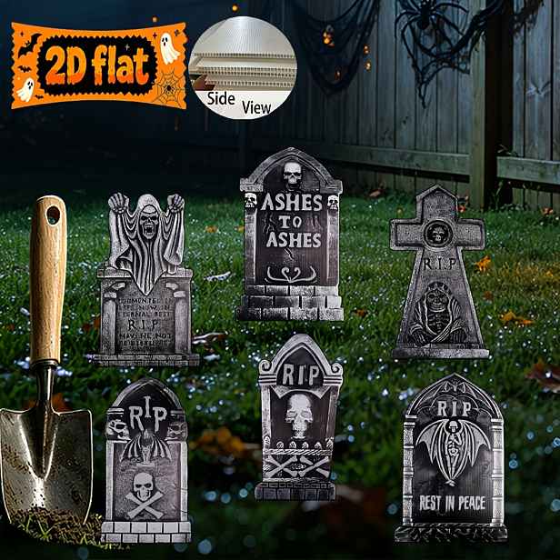 TEMU 2D ploché, 2D ploché Larber 6 ks halloweenských náhrobků venkovní halloweenské hřbitovní dekorace s kostlivcem, netopýry, lebkou, halloweenské