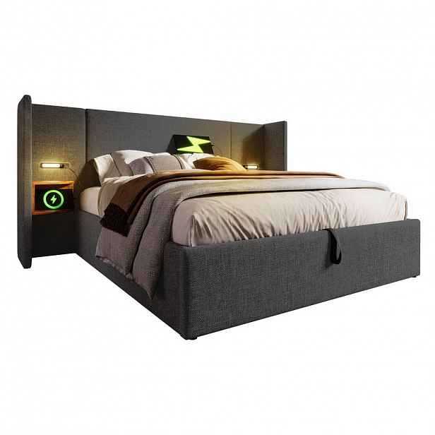 FLIEKS ČALOUNĚNÁ POSTEL 160x200 Šedá USB-C Noční Stolky
