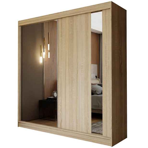MASSENO ŠATNÍ SKŘÍŇ S POSUVNÝMI DVEŘMI GRAZIA, 200/216/61 cm 2dveřová se zrcadlem, dub Sonoma