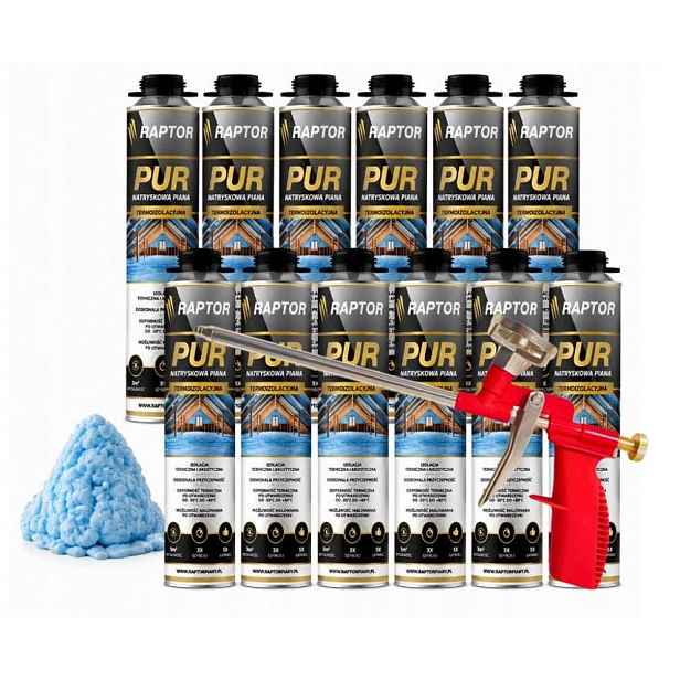 12 x termoizolační stříkací pěna Pur Raptor 750 ml 2 trysky pistole