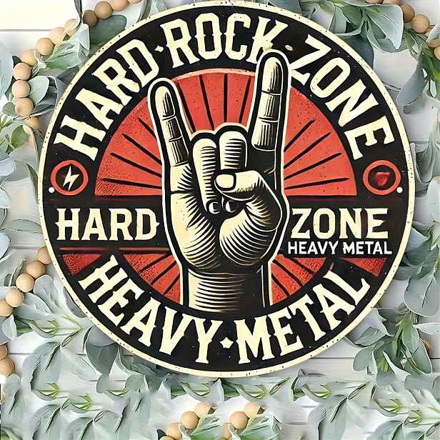 TEMU 2D plochá dekorace na zeď o průměru 20,32 cm s vintage rockovou a heavy metalovou tématikou, s nápisem 'Hard ' a 'Heavy Metal' a gestem, ideální