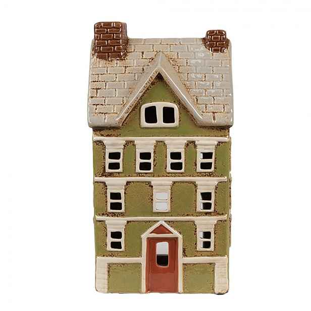 Zelený keramický svícen na čajovou svíčku domek Amster Village - 14*10*26 cm Clayre & Eef