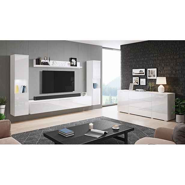 Nábytek do obývacího pokoje s LED osvětlením ROSARIO XL - lesklý bílý / bílý
