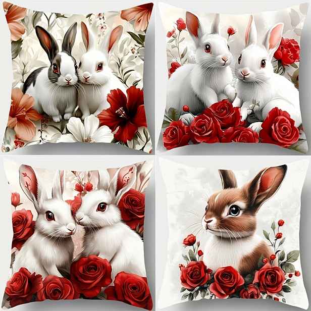 TEMU 4ks, Polštářový povlak s králíka a květiny, Teplý a pohodlný, Krásný a praktický, 17,72 palců * 17,72 palců, Vhodný pro domácí dekoraci pohovky,