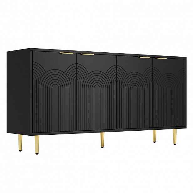 Urban Meuble SIDEBOARD černý a zlaté detaily se 4 dvířky a 3D drážkovaným designem