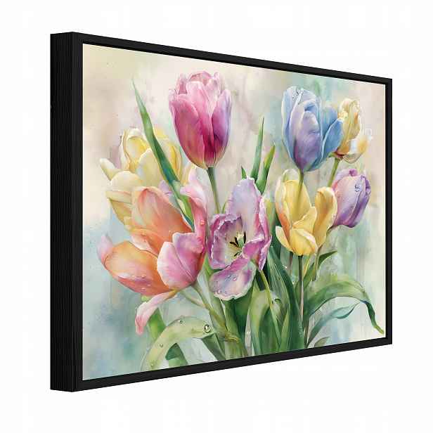 Obraz V Černém Rámu Na Plátně Pastelové Květiny Obývací Pokoj Ložnice 60x40