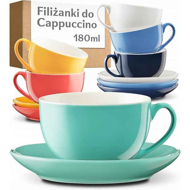 Šálky Cappuccino 6 Ks S Podšálky Barevné Keramické 180 ML Sada