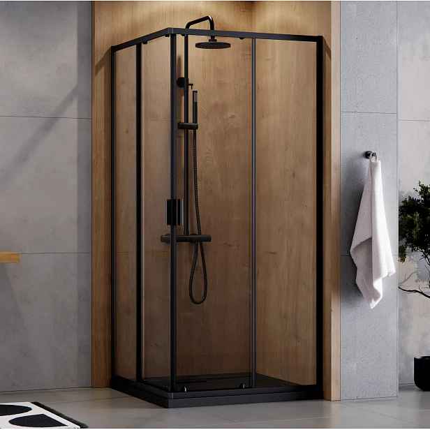 BESCO Set čtvercový kout ZARYA BLACK + vanička AXIM STONE EFFECT — Barva rámu - Černá, Rozměr A - 80, Rozměr B - 80, Výplň - Čiré bezpečnostní sklo - 5 mm