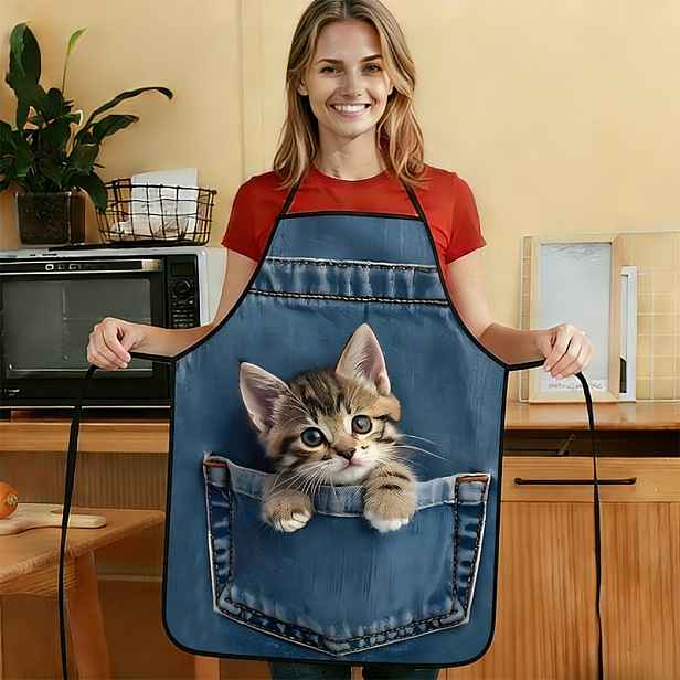 TEMU 1 ks Kuchyňská zástěra, Dekorativní zástěra, Zástěra s roztomilým potiskem koťátek, Unisex kuchyňská zástěra, Zástěra na vaření, Kadeřnická