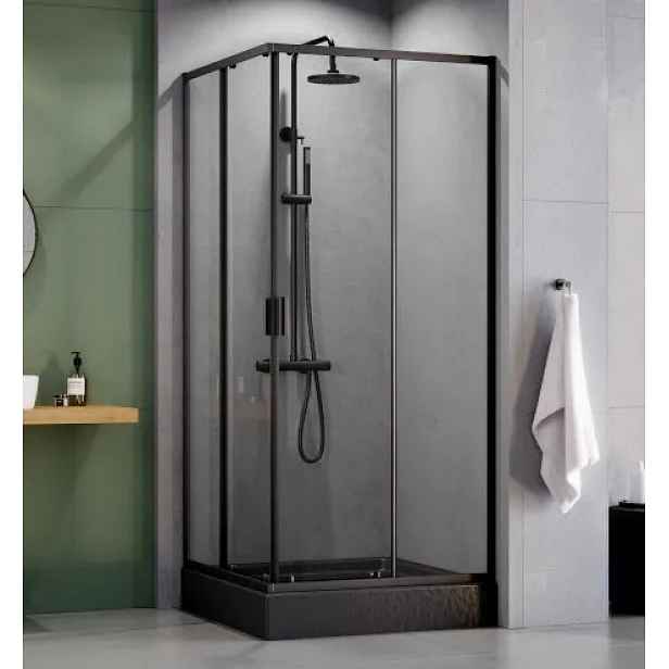 BESCO Set čtvercový kout ZARYA BLACK + vanička OSKAR STONE EFFECT — Barva rámu - Černá, Rozměr A - 90, Rozměr B - 90, Výplň - Čiré bezpečnostní sklo - 5 mm