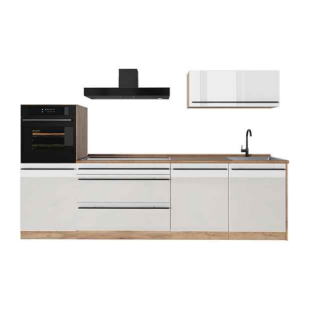 Vicco KUCHYŇSKÝ KOUT R-Line, Bílá vysoký lesk/Zlatý mocný dub, 280 cm pracovná doska Dub Goldkraft