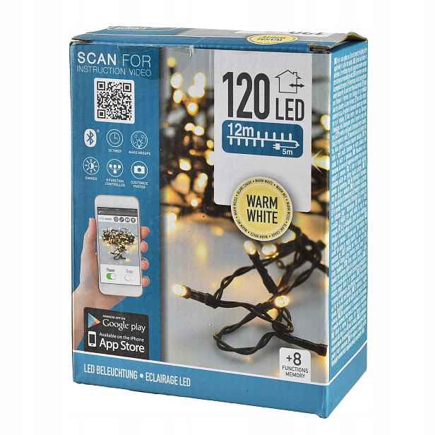 Led řetěz 12 m bílý 120 Led ovládaný aplikací, 8 funkcí