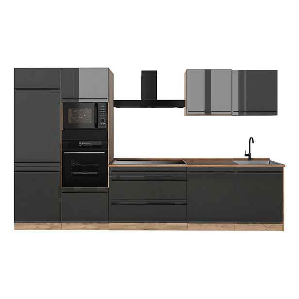 Vicco KUCHYŇSKÝ KOUT R-Line, Antracitový vysoký lesk/Zlatý mocný dub, 340 cm pracovná doska Dub Goldkraft