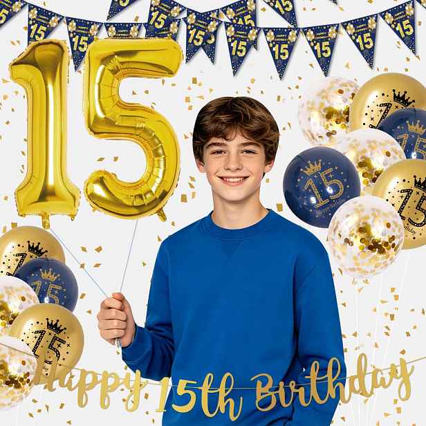 Narozeninové Dekorace 15 Let Balóny Banner Modrý Zlatý