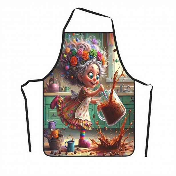 TEMU 1ks Nastavitelná zástěra 23,5x31,5 palců - 100% polyester 150g/m², Veselý kávovarem s bílými vlasy, Odolná a snadno čistitelná pro vaření,