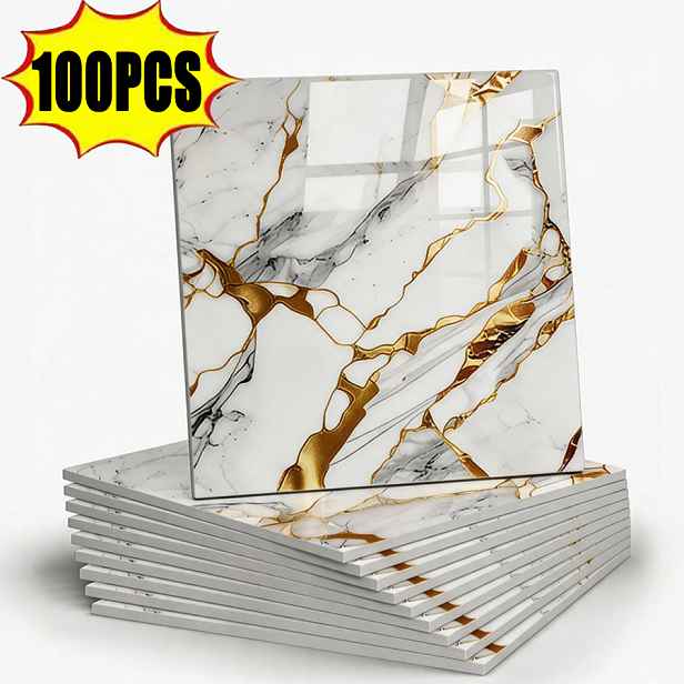TEMU 50ks/100ks Balení PVC Voděodolné Samolepicí Panely - 30x30cm/11,8x11,8in Lesklé Zlaté Obklady Vhodné pro Koupelnové Stěny, Kuchyňské Nástěnky,