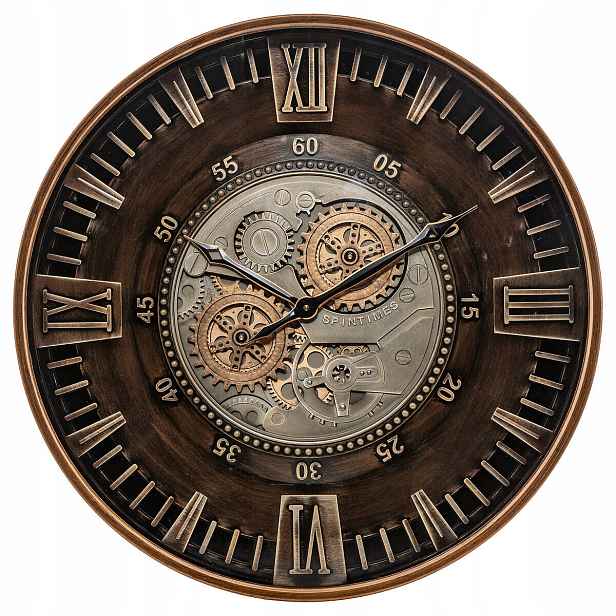 Hodiny Kulatý Kovové Hnědé Retro S Viditelným Mechanismem Yoni Průměr 59 CM